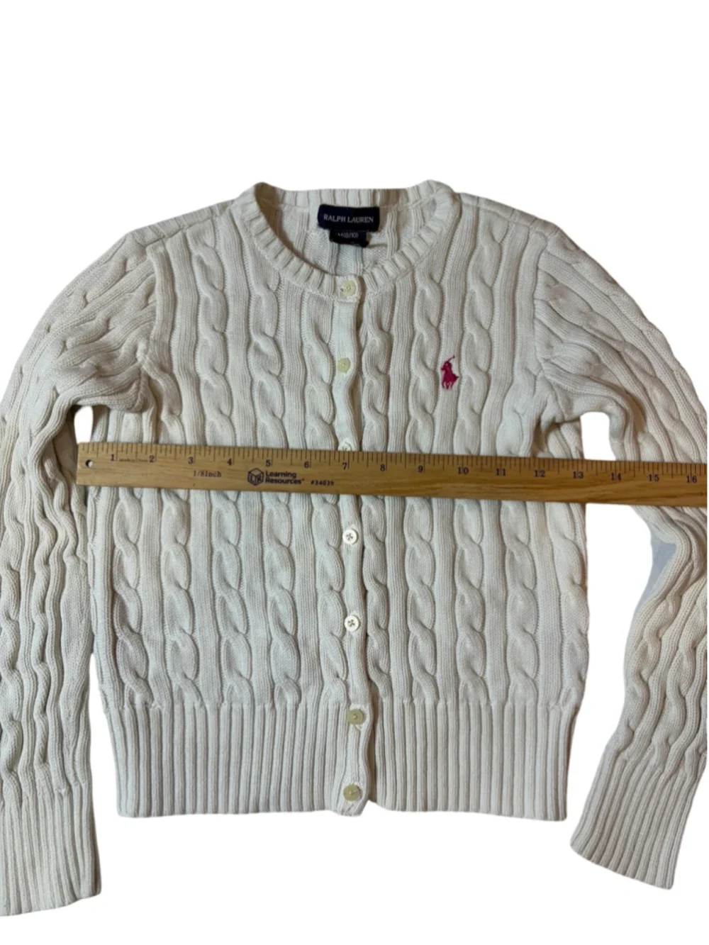 Ralph Lauren Girls Cable Knit Cardigan M 8 10 White Pink Pony Cotton Sweater